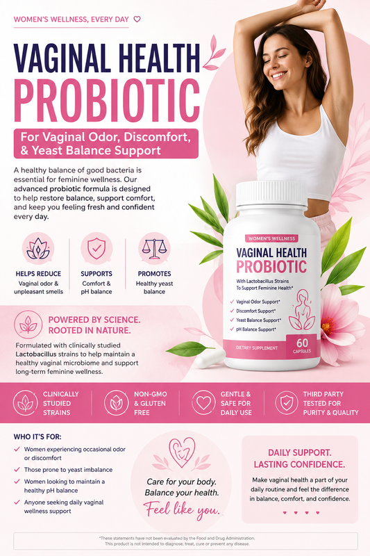 Woman holding a vaginal health probiotic supplement promoting pH balance, freshness, comfort, and feminine wellness.