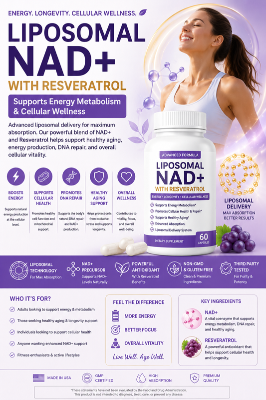 Woman with Liposomal NAD+ with Resveratrol supplement promoting cellular wellness, healthy energy metabolism, antioxidant support, and daily vitality.