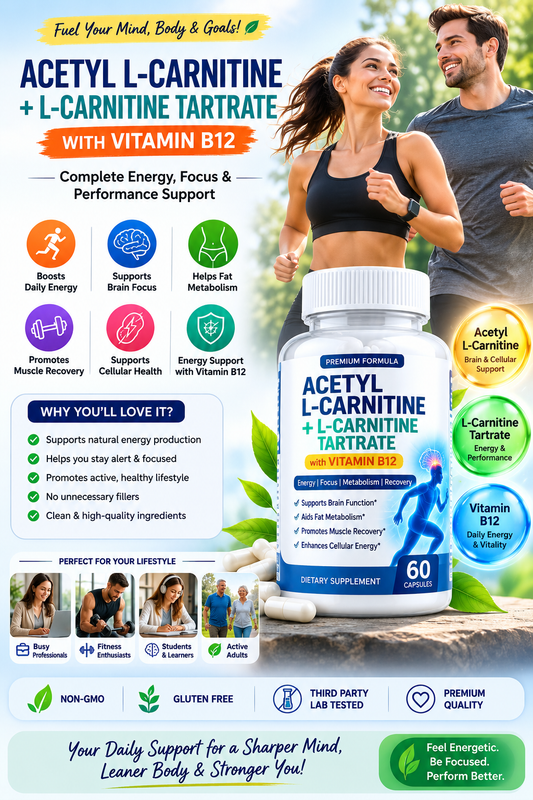Active woman with Acetyl L-Carnitine, L-Carnitine Tartrate, and Vitamin B12 supplement supporting energy metabolism, brain focus, fat metabolism, and muscle recovery