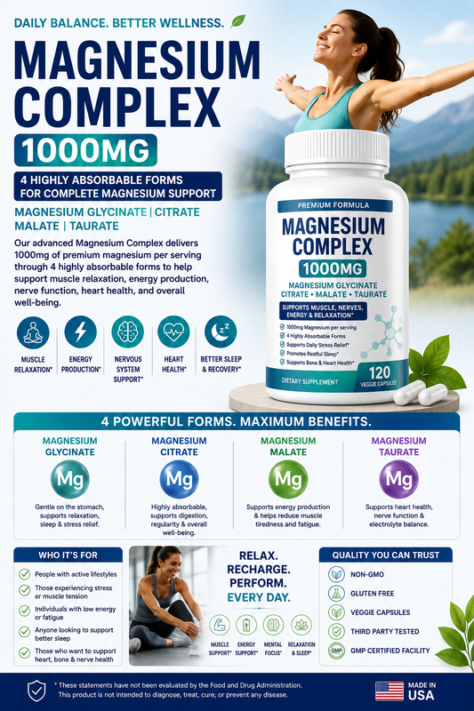 Magnesium Complex 1000mg supplement featuring Magnesium Glycinate, Citrate, Malate, and Taurate to support muscle function, energy metabolism, relaxation, and overall wellness.
