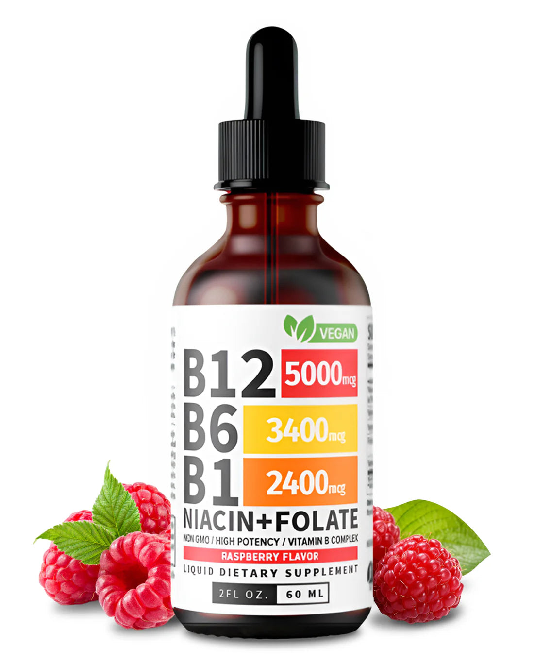 Vitamin B12 Liquid Drops with B6 & B1 – Raspberry Flavor B-Complex Energy Supplement | Fast Absorbing B12