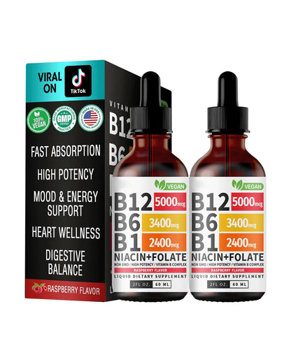 Vitamin B12 Liquid Drops with B6 & B1 – Raspberry Flavor B-Complex Energy Supplement | Fast Absorbing B12