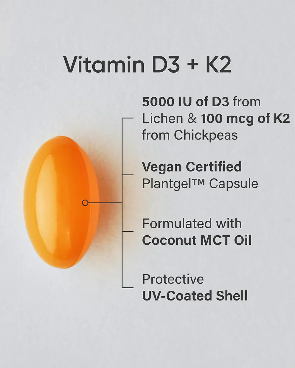 Vitamin D3 + K2 Vegan Soft gel Capsules – Supports Bone & Immune Function