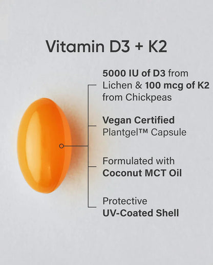 Vitamin D3 + K2 Vegan Soft gel Capsules – Supports Bone & Immune Function