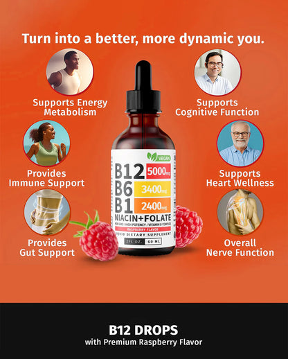 Vitamin B12 Liquid Drops with B6 & B1 – Raspberry Flavor B-Complex Energy Supplement | Fast Absorbing B12