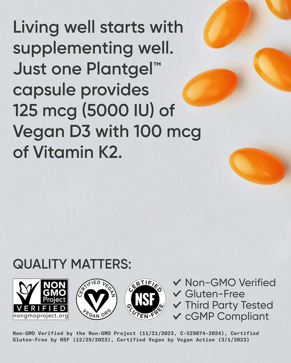 Vitamin D3 + K2 Vegan Soft gel Capsules – Supports Bone & Immune Function