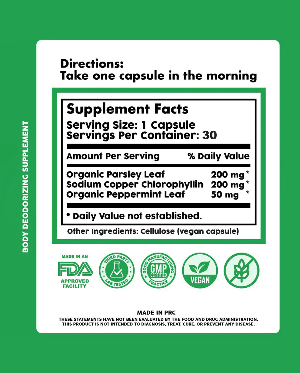 Full Body Natural Deodorizer Capsules – Chlorophyll Internal Deodorant, Odor Control, Lab Tested