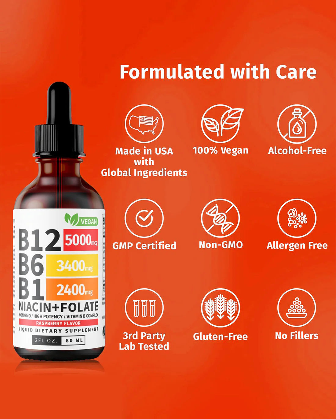 Vitamin B12 Liquid Drops with B6 & B1 – Raspberry Flavor B-Complex Energy Supplement | Fast Absorbing B12