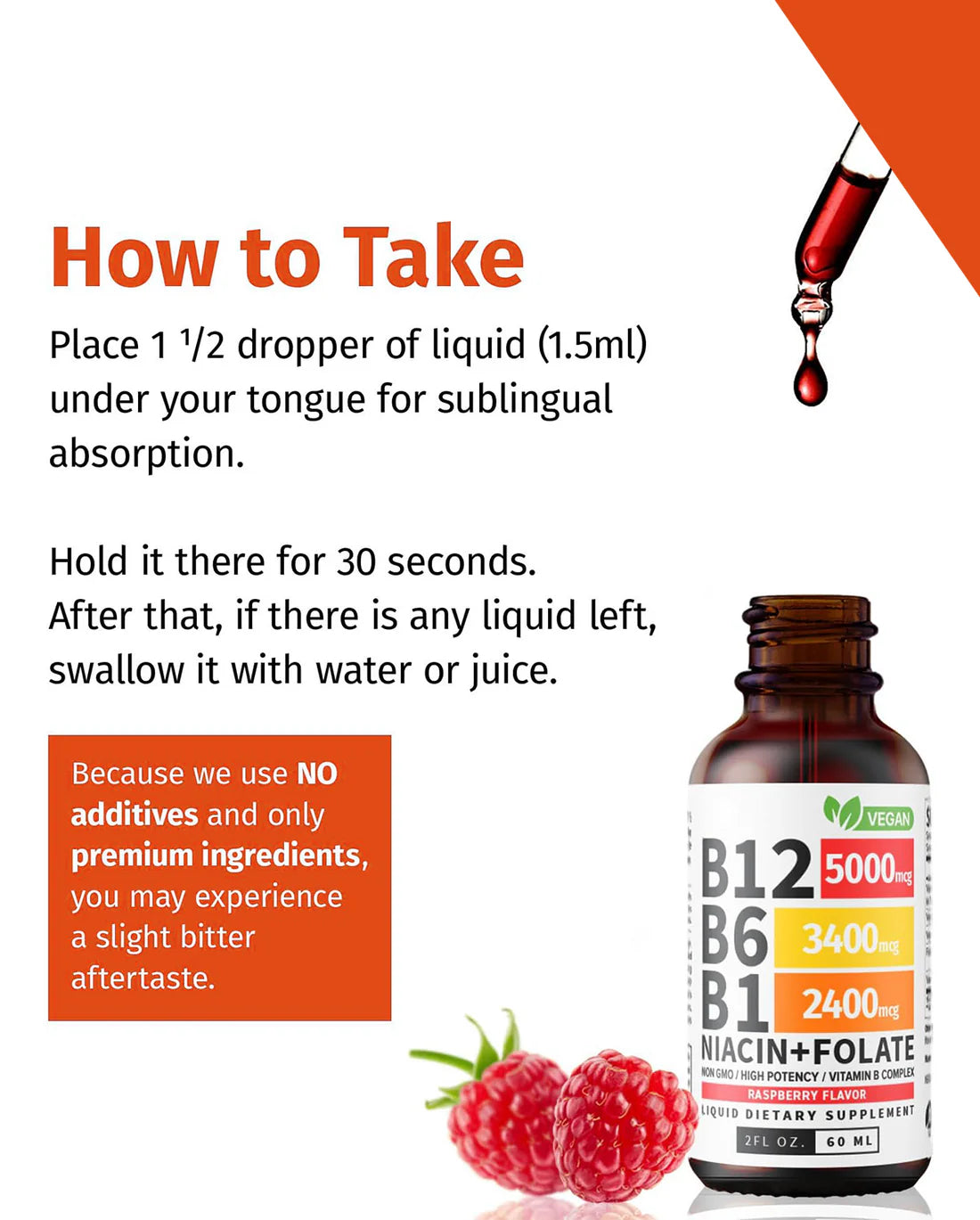 Vitamin B12 Liquid Drops with B6 & B1 – Raspberry Flavor B-Complex Energy Supplement | Fast Absorbing B12