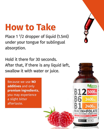 Vitamin B12 Liquid Drops with B6 & B1 – Raspberry Flavor B-Complex Energy Supplement | Fast Absorbing B12
