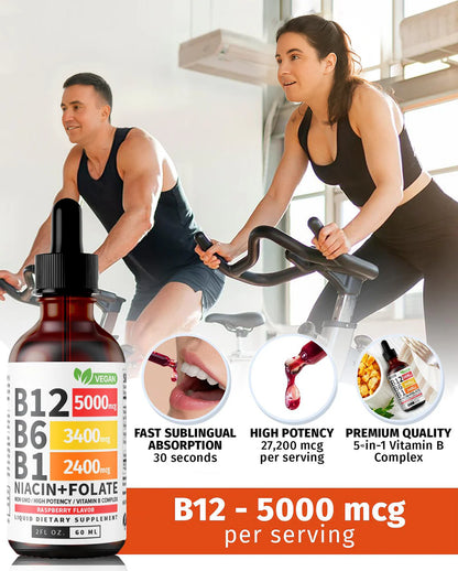 Vitamin B12 Liquid Drops with B6 & B1 – Raspberry Flavor B-Complex Energy Supplement | Fast Absorbing B12